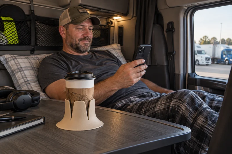 Parked long-haul driver unwinding in the sleeper bunk with paper takeaway coffee cup with open sipping lid in Steadi on wide firm level sleeper tray beside seated driver, truck visibly parked. AI illustration.