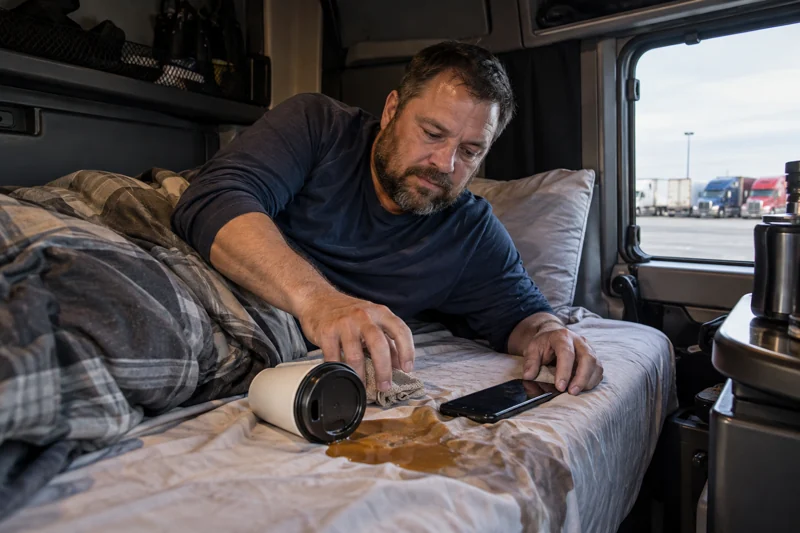 Reaching for a phone tips coffee at the bunk; coffee wets the sheet during precious rest time. AI illustration.